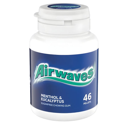 Airwaves Menthol & Eucalyptus Sugarfree Chewing Gum Bottle (46pcs) offers fresh breath in a convenient plastic pack with a blue and white label.