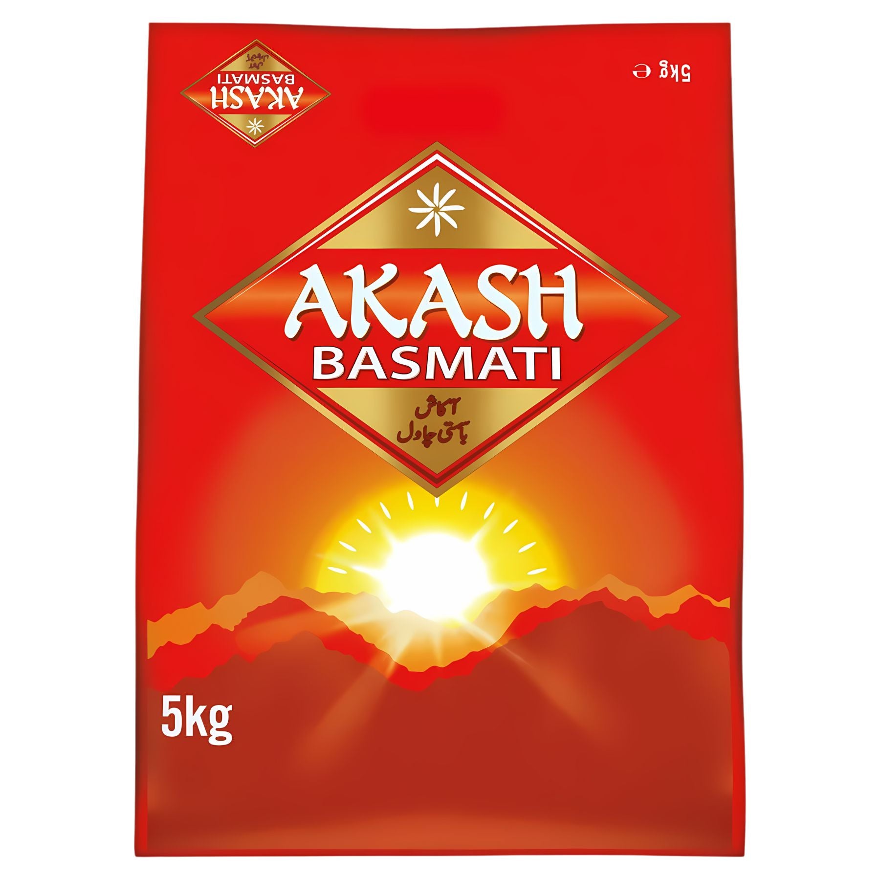 A 5kg red bag of Akash - Basmati Rice with sunrise and mountain imagery, gold English and multilingual text, delivers premium long-grain basmati rice for an authentic taste.