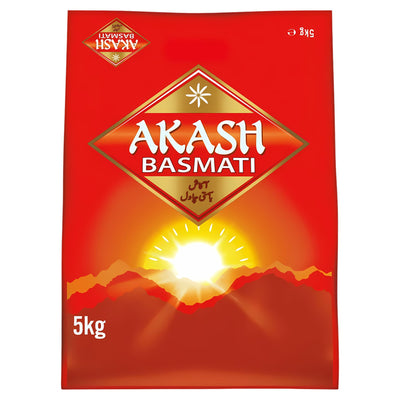 A 5kg red bag of Akash - Basmati Rice with sunrise and mountain imagery, gold English and multilingual text, delivers premium long-grain basmati rice for an authentic taste.
