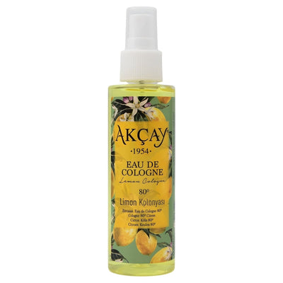 Akcay - Lemon Kolonya Scented Hand Sanitiser Spray (150ml) features a fresh lemon scent and a bright, lemon-themed label—perfect for fragrant hand sanitising.