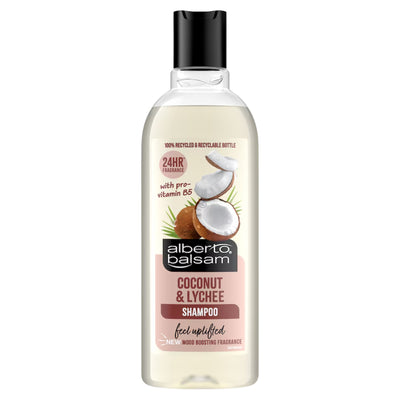 Clear plastic bottle of Alberto Balsam - Coconut & Lychee Shampoo - 300ml, containing litchi chinensis fruit extract, with a black flip-top cap.