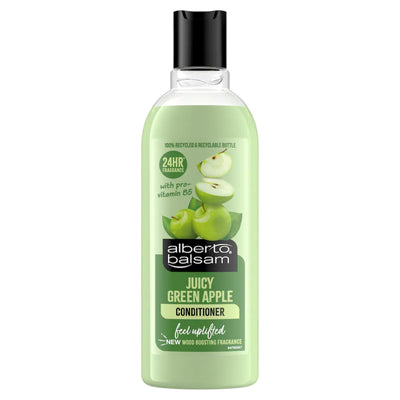 A clear plastic bottle of Alberto Balsam - Juicy Green Apple Conditioner - 300ml with a black cap, featuring apple juice imagery and text on the label.