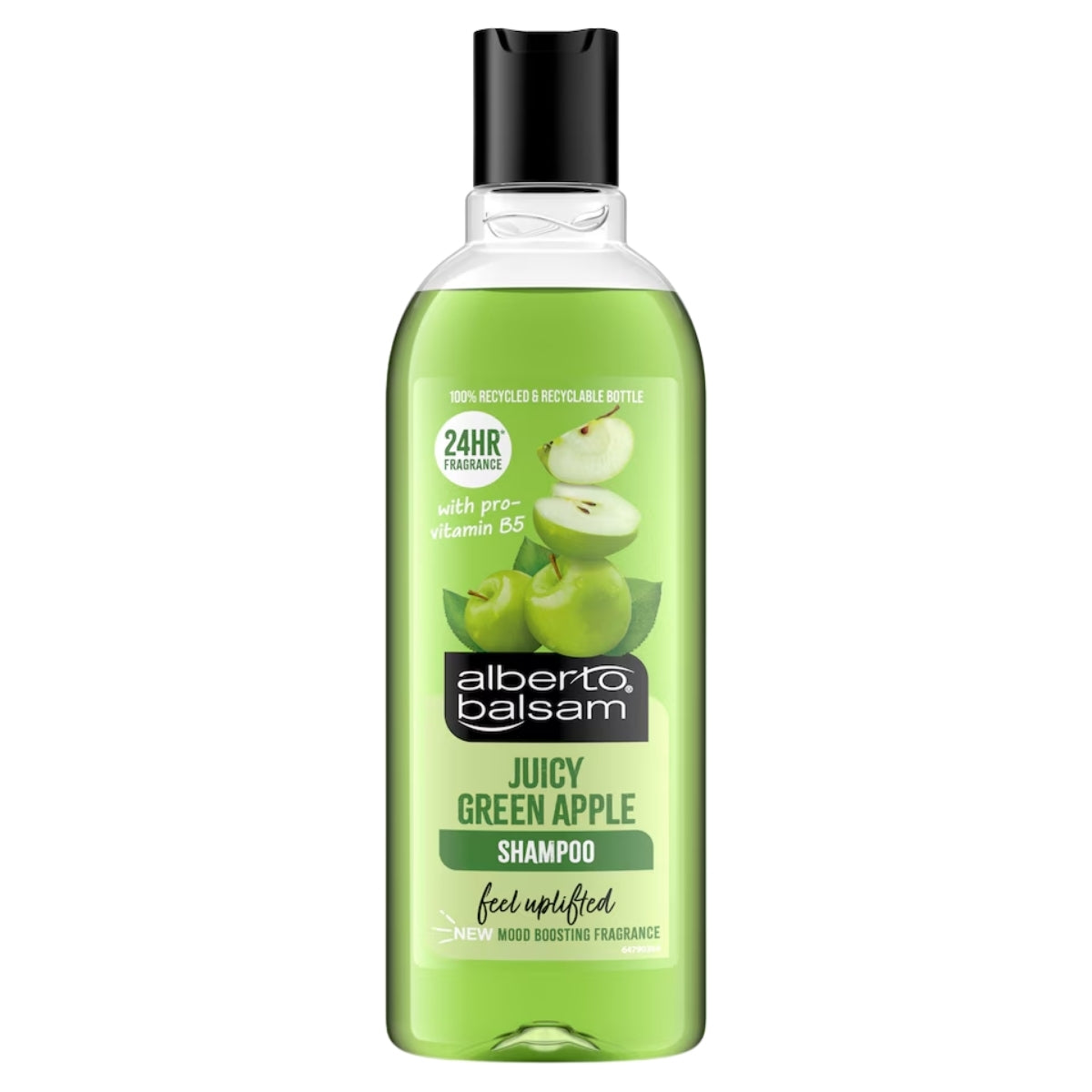 A 300ml bottle of Alberto Balsam - Juicy Green Apple Shampoo features a vibrant green liquid and a label adorned with apple images and detailed product information, enhanced with nourishing Panthenol for hair that looks healthier.