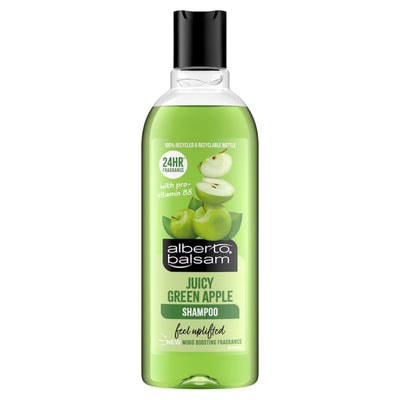 A 300ml bottle of Alberto Balsam - Juicy Green Apple Shampoo features a vibrant green liquid and a label adorned with apple images and detailed product information, enhanced with nourishing Panthenol for hair that looks healthier.