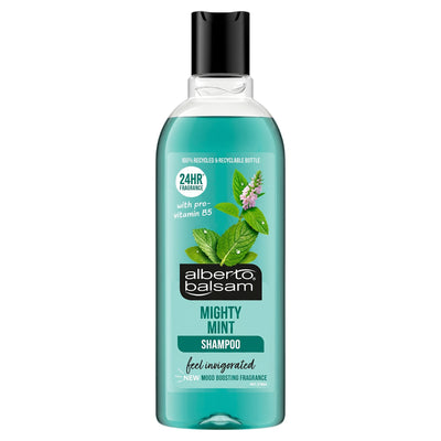 Clear plastic bottle of Alberto Balsam - Mighty Mint Shampoo - 300ml with a black cap, featuring a label with mint leaf illustrations and product text.