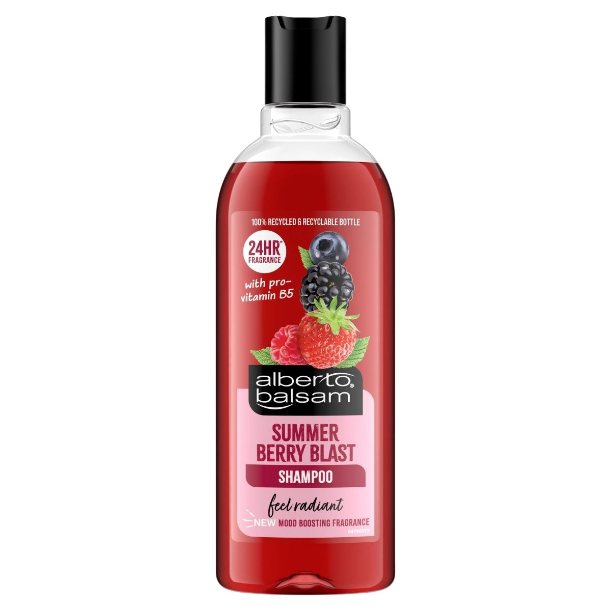 Alberto Balsam - Summer Berry Blast Shampoo (300ml) features a red liquid, berry images on the label, and a black flip-top cap.
