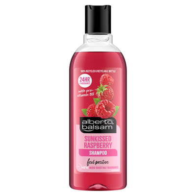 Clear plastic bottle of Alberto Balsam - Sunkissed Raspberry Shampoo - 300ml, featuring a black cap and images of raspberries on the label.