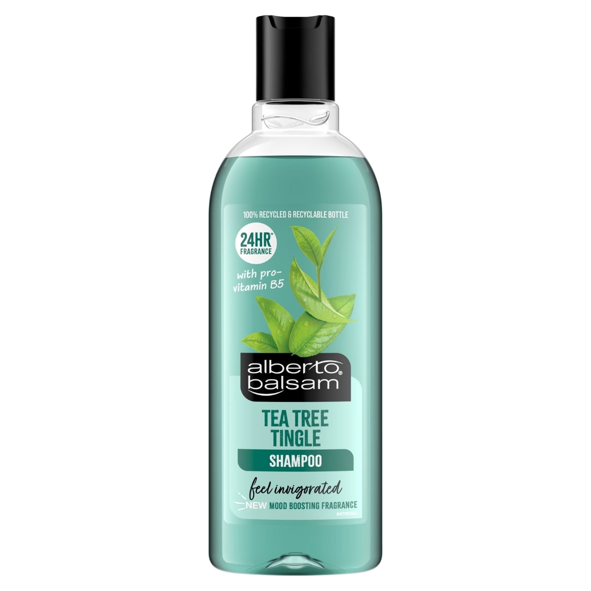 Shampoo bottle with tea tree oil label on a white background