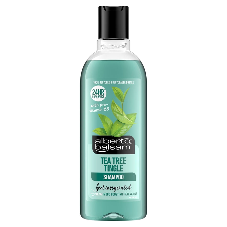 Shampoo bottle with tea tree oil label on a white background