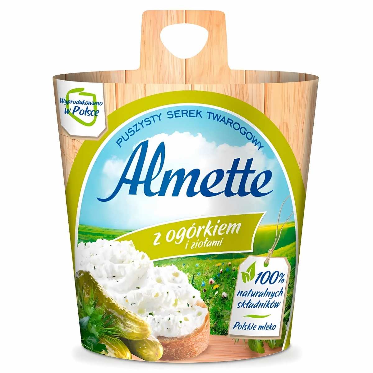 Almette - Spreadable Cheese with Cucumber & Herbs - 150g tub features a picturesque landscape and product image, highlighting its natural ingredients and Polish milk.