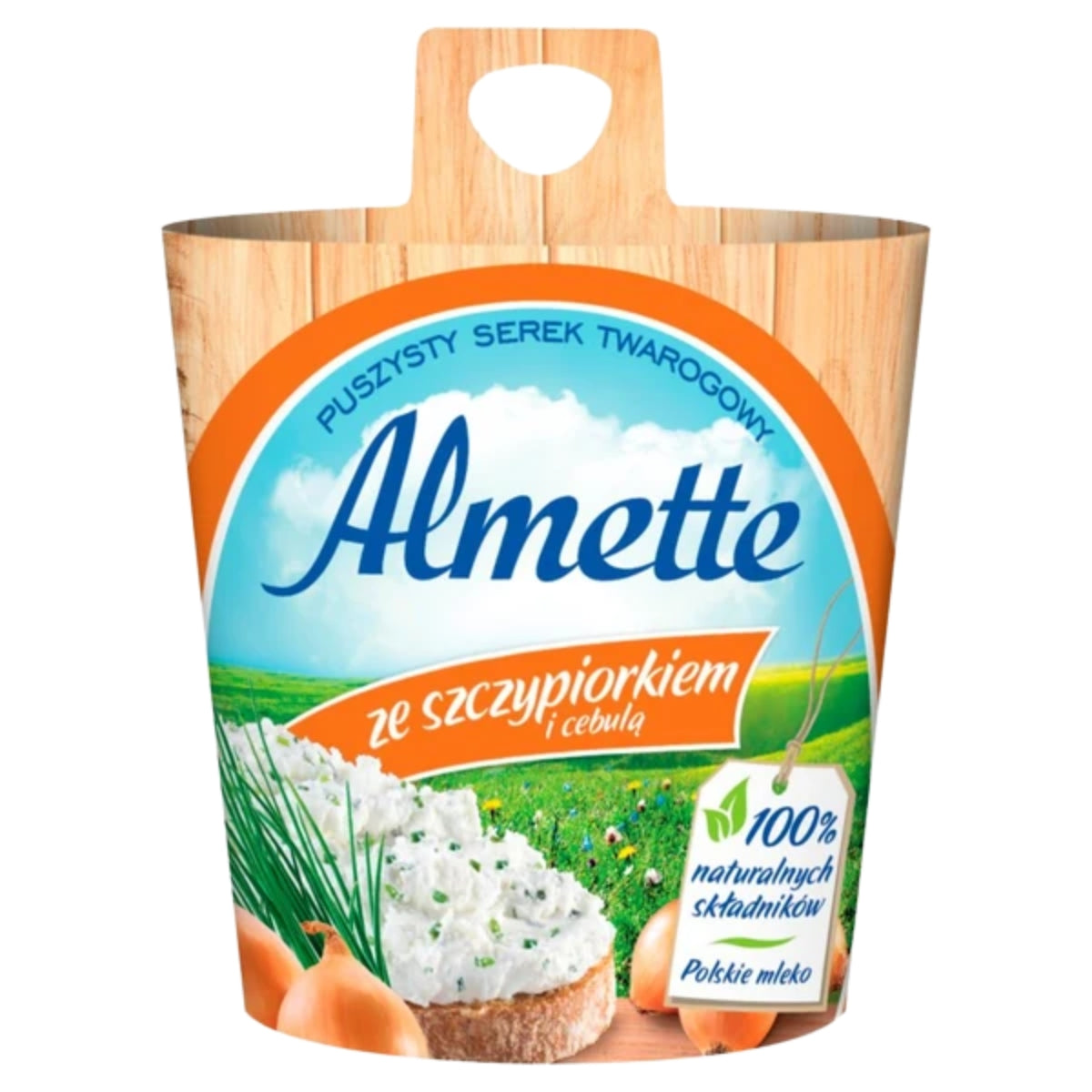 A 150g container of Almette - Spreadable Chives & Onion Cheese, featuring an image of the cheese spread on bread with chives and onions on the label.