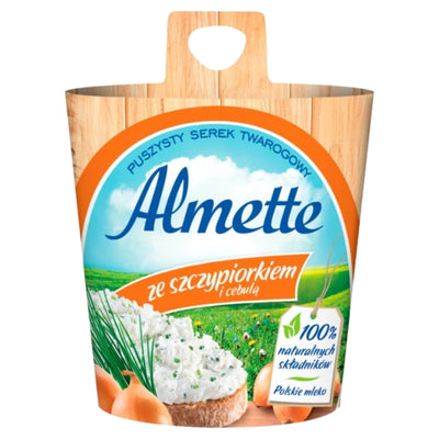 A 150g container of Almette - Spreadable Chives & Onion Cheese, featuring an image of the cheese spread on bread with chives and onions on the label.