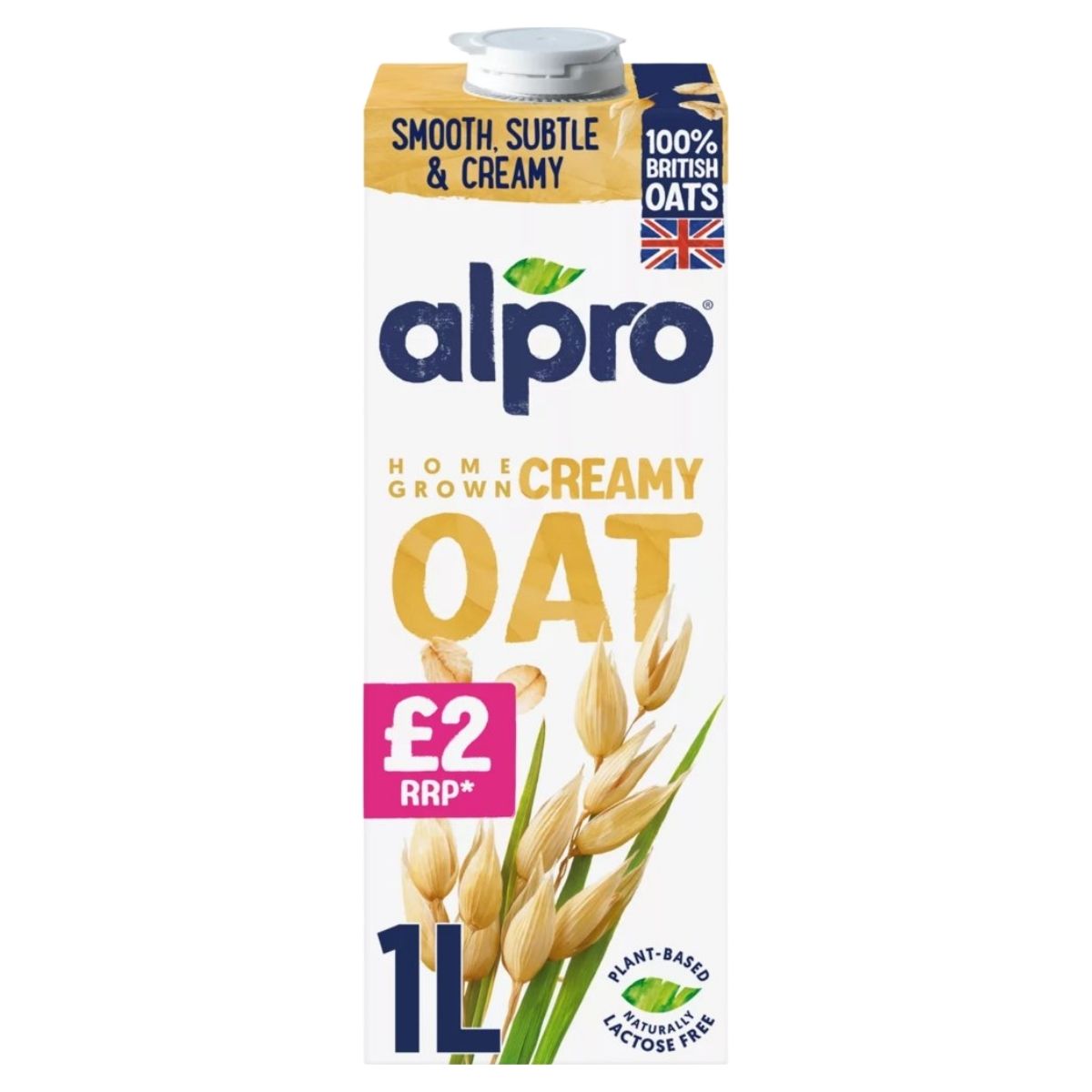 Alpro oat milk carton with branding and product details on a white background