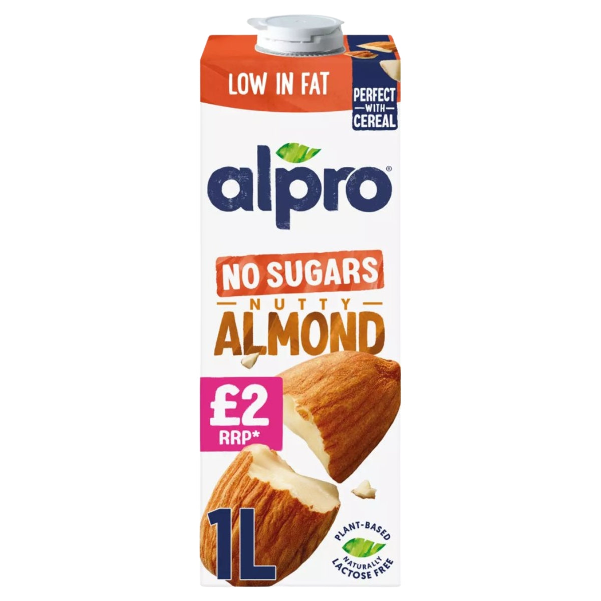 A 1L carton of Alpro No Sugars Nutty Almond drink, featuring a white carton with orange, blue, and pink branding elements, and images of almonds on a white background.