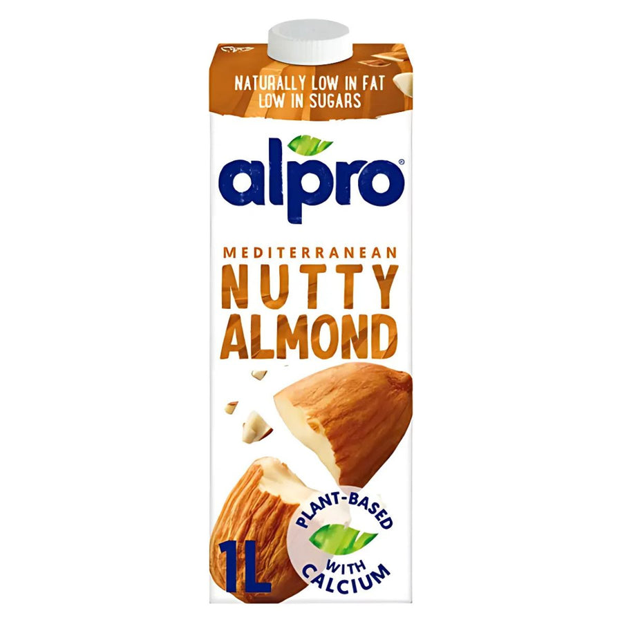 A 1L carton of Alpro Almond drink, plant-based and enriched with calcium, features almonds on the pack and is labeled low in fat and sugars.