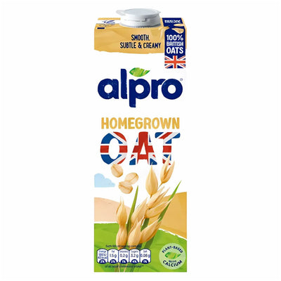 A 1L carton of Alpro Oat Drink features images of oats, the British flag, and nutritional information on the front.