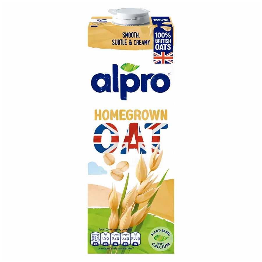 A 1L carton of Alpro Oat Drink features images of oats, the British flag, and nutritional information on the front.