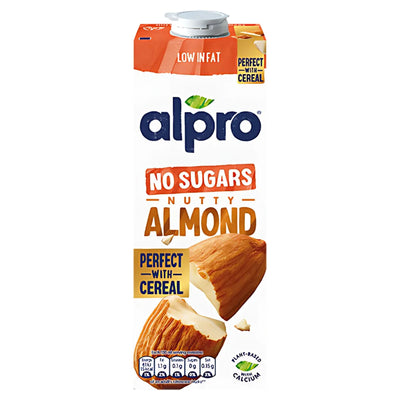 Carton of Alpro Roasted No Sugar Almond Milk 1L—plant-based, low fat, lactose and gluten free, with no sugars. Perfect for your cereal.