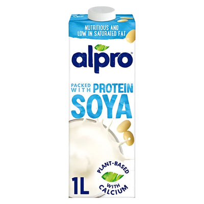 A 1L carton of Alpro Soya Drink, plant-based, high in protein, enriched with calcium, and low in saturated fat.