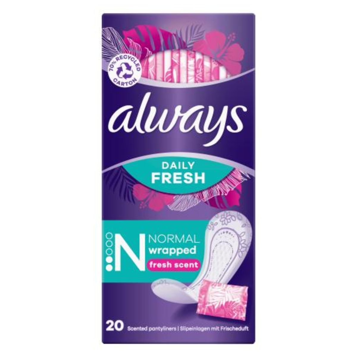 Box of Always - Daily Fresh Normal Wrapped Panty Liners, With Fresh Scent - 20pcs, featuring normal absorbency and Daily Fresh scent, with individually wrapped liners for convenience.