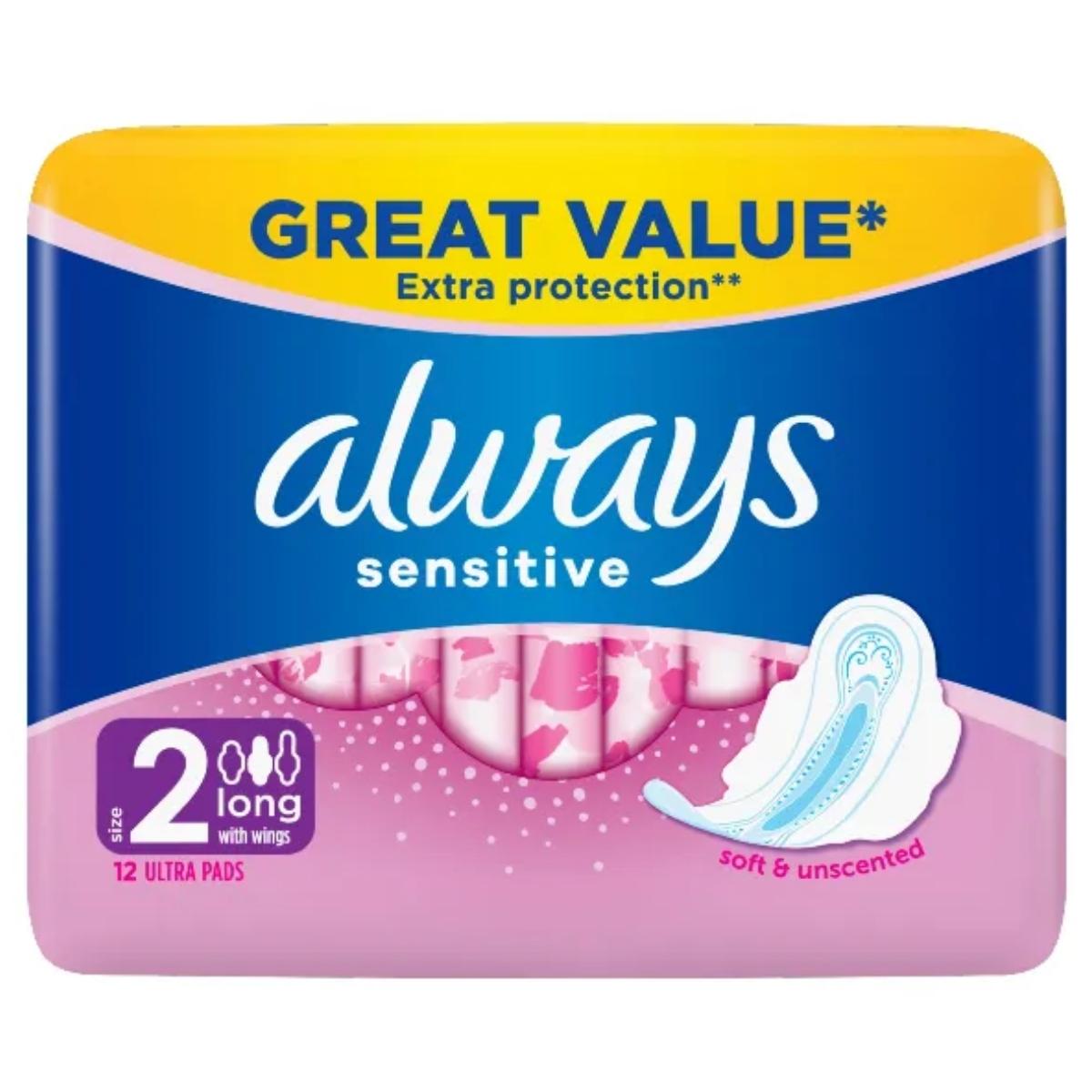 Always Sensitive Size 2 Long Ultra Pads, 12-count pack by Always. Features include extra protection, softness, and an unscented design for comfortable, reliable coverage.