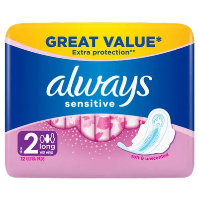 Always Sensitive Size 2 Long Ultra Pads, 12-count pack by Always. Features include extra protection, softness, and an unscented design for comfortable, reliable coverage.