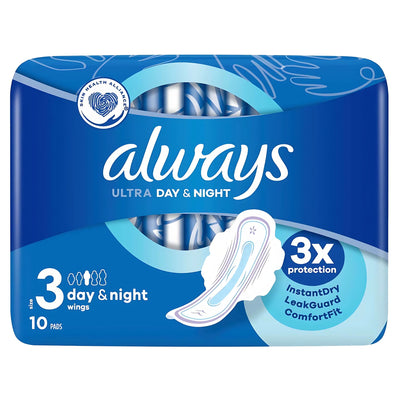 Always - Ultra Day & Night Comfort Lock Wings, 10 Pads: superior absorbency, 3x protection, InstantDry, LeakGuard & ComfortFit with wings for all-day and night comfort.