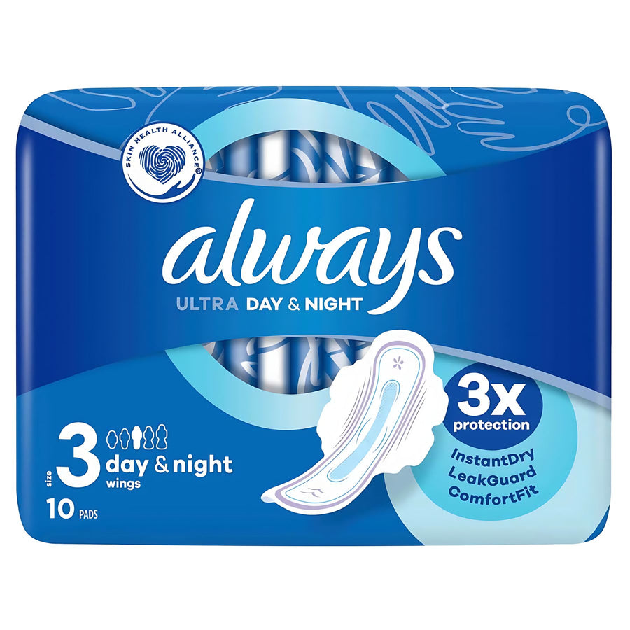 Always - Ultra Day & Night Comfort Lock Wings, 10 Pads: superior absorbency, 3x protection, InstantDry, LeakGuard & ComfortFit with wings for all-day and night comfort.