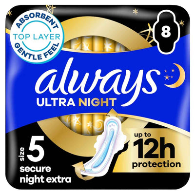 Always Ultra Extra Secure Night Wings by Always offers 8 pads per pack, featuring Instant Dry technology for up to 12 hours of absorbency and a Leak Guard system for extra night protection.