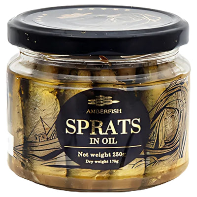 A 175g glass jar of Amberfish - Sprats In Oil, featuring a black label with detailed product info and a ship illustration.