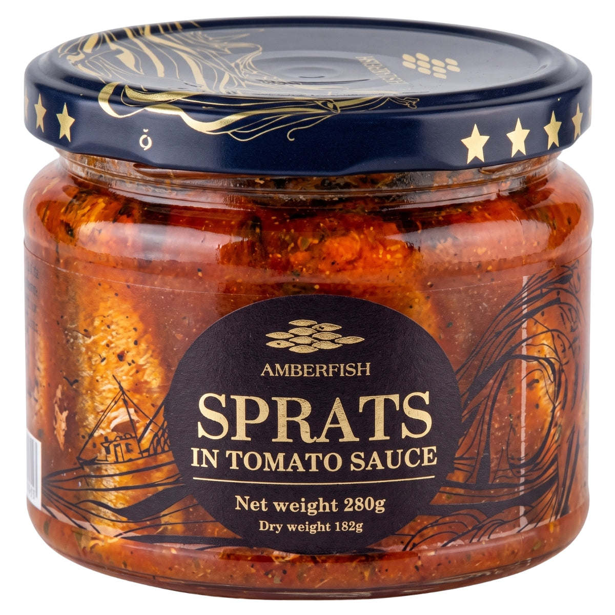A glass jar of Amberfish - Sprats In Tomato Sauce, featuring small fish in a rich red tomato sauce, with a net weight of 280g shown on the front label.