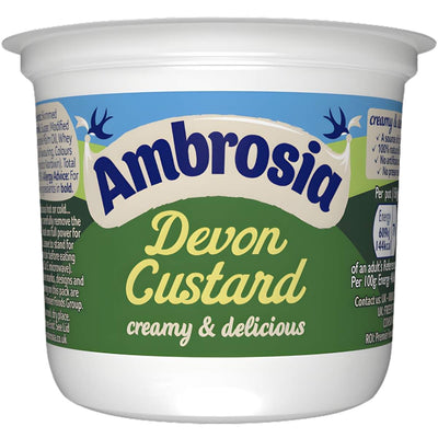 A 150g plastic container of Ambrosia Devon Custard, the classic British treat, with a blue and green label and "creamy & delicious" on the packaging.