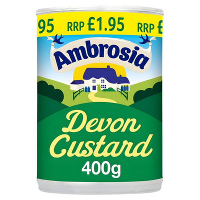 A 400g can of Ambrosia Devon Custard features a yellow RRP £1.95 band and displays the Ambrosia brand name alongside an illustration of a house with green hills in the background.