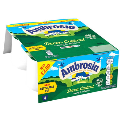 Ambrosia Devon Custard 4 x 120g, made with creamy West Country milk, comes in recyclable pots with clear nutritional info and pricing on the pack.