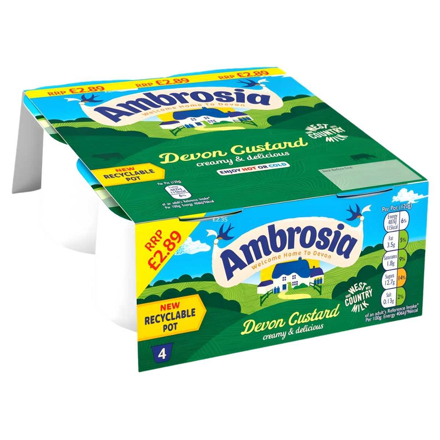Ambrosia Devon Custard 4 x 120g, made with creamy West Country milk, comes in recyclable pots with clear nutritional info and pricing on the pack.