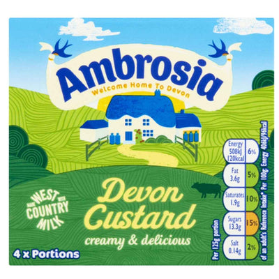 Ambrosia Devon Custard 500g features a blue-roofed farmhouse, hills, and nutritional info on its packaging. Text highlights "creamy & delicious," "made with West Country milk," making it an ideal dessert topping.