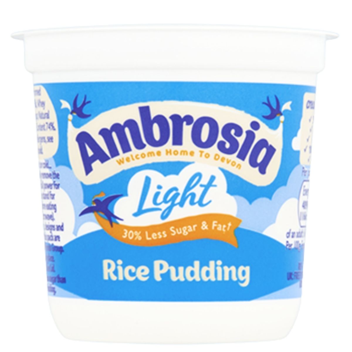 A 150g tub of Ambrosia Light Rice Pudding, in blue and white packaging, highlights 30% less sugar and fat.