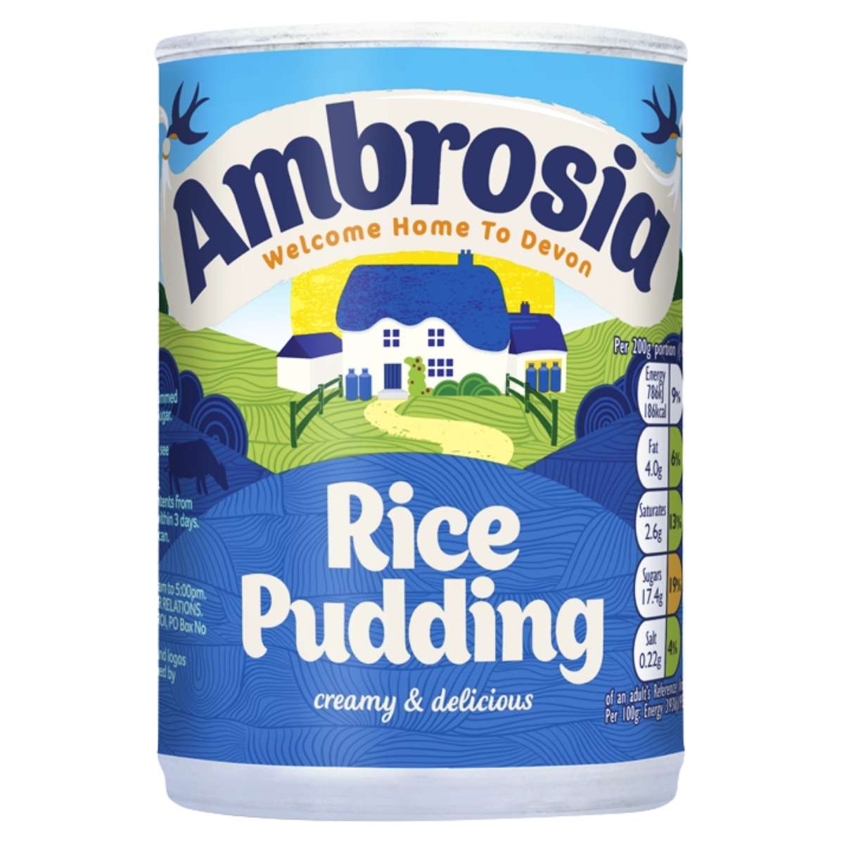 Can of Ambrosia rice pudding with a scenic label on a white background