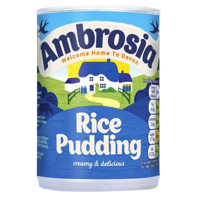 Can of Ambrosia rice pudding with a scenic label on a white background
