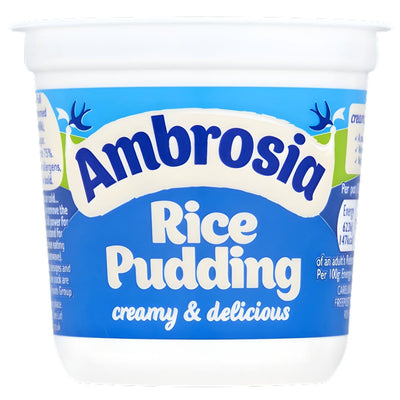 Ambrosia Rice Pudding Creamy & Delicious (150g) offers a classic creamy dessert for rice pudding lovers, in a plastic tub with a blue and white label.