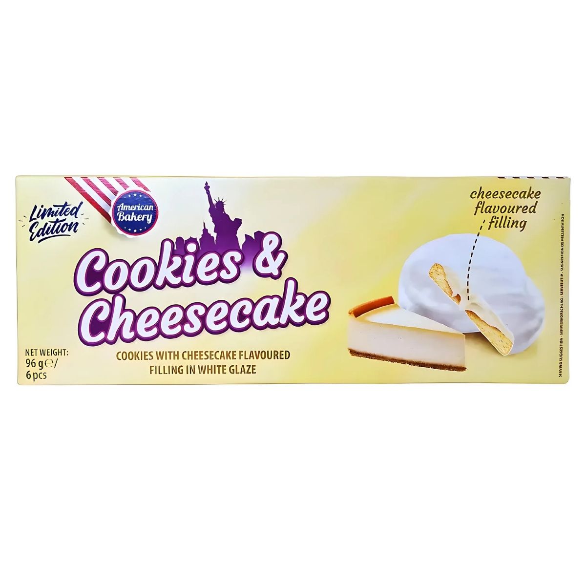 A box of "American Bakery - Cheesecake Cookies - 96g" delivers Dessert Perfection with cheesecake and cookies in a white glaze, depicted on its packaging. This American Bakery treat is a limited edition.