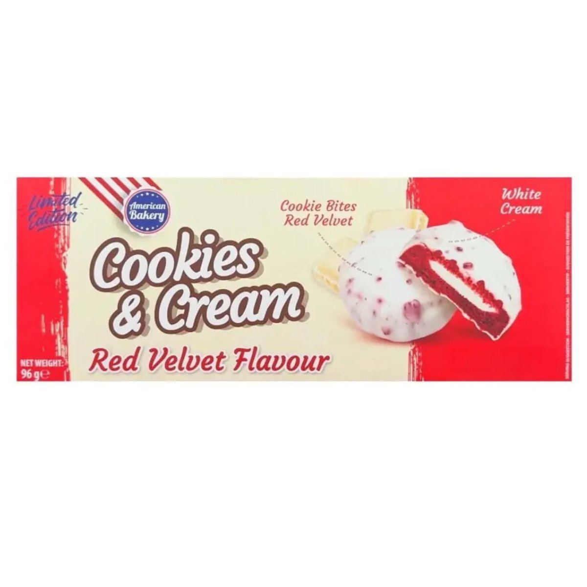 A 96g box from American Bakery labeled "Cookies And Cream Red Violet Flavour," featuring delicious red violet cookies topped with creamy white filling.