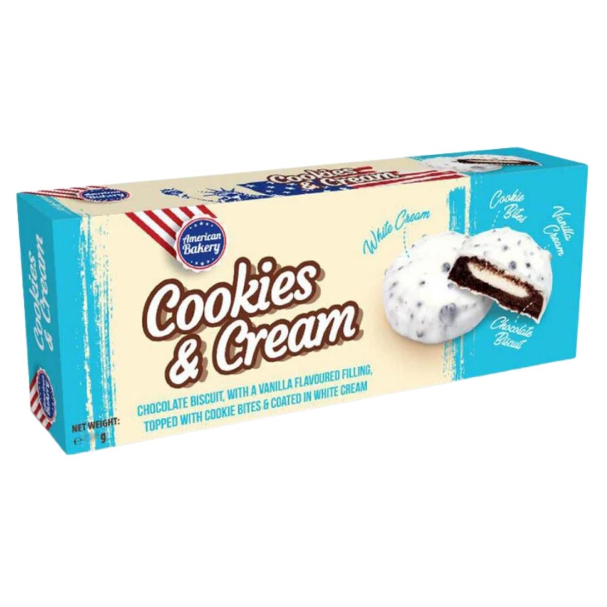 A 96g package of American Bakery - Cookies & Cream includes chocolate biscuits with a vanilla filling, all coated in white cream.