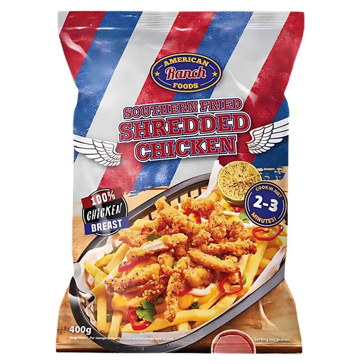 The American Ranch - Southern Fried Shredded Chicken - 400g package features crispy, seasoned chicken served over fries. It prominently advertises "100% chicken breast" and a fast cooking time of "2-3 minutes," making it an easy way to enjoy Southern flavors in your meals.