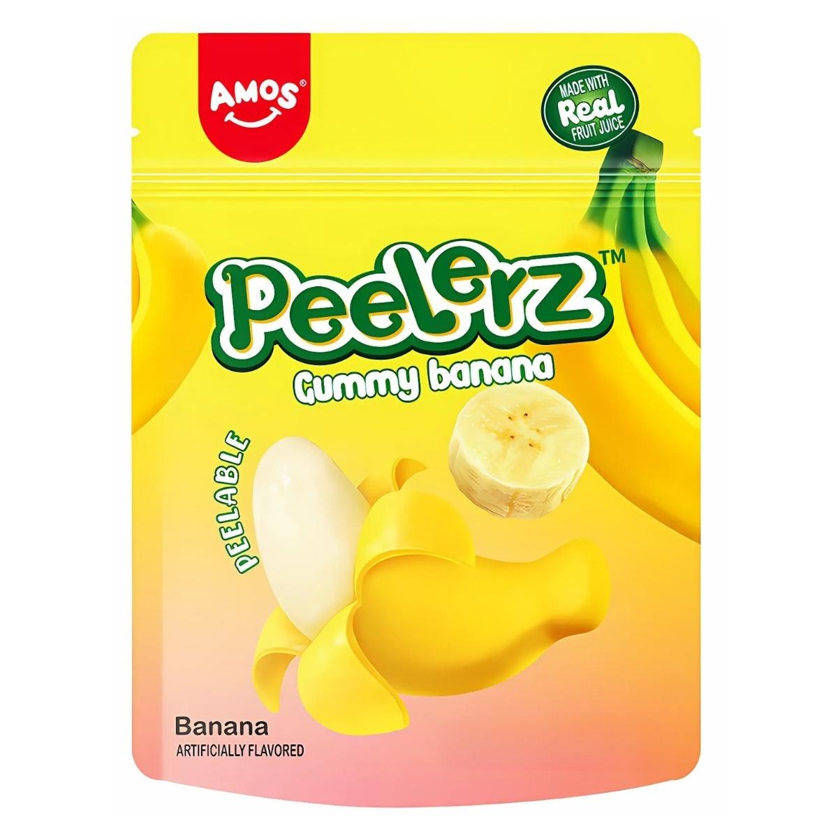 The Amos - Peelerz Gummy Banana - 65g bag features a peeled, banana-shaped gummy, a banana slice, and a “Made with Real Fruit Juice” badge on its yellow packaging for an irresistible snack.
