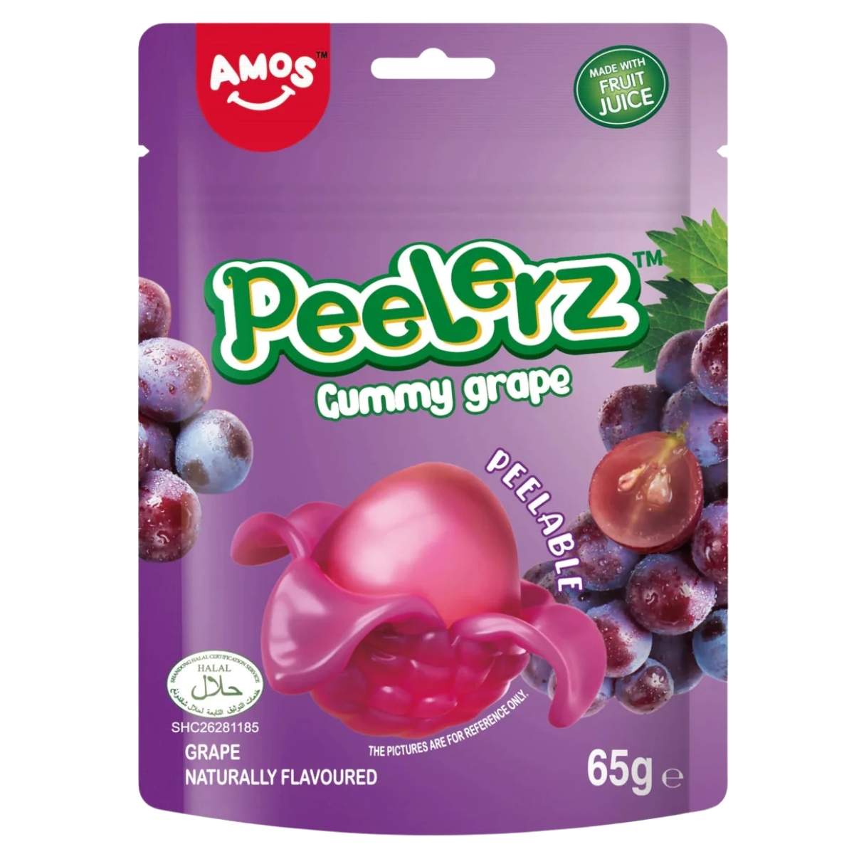 Purple packaging of AMOS Peelerz Gummy Grape with a pink gummy candy and grape images.