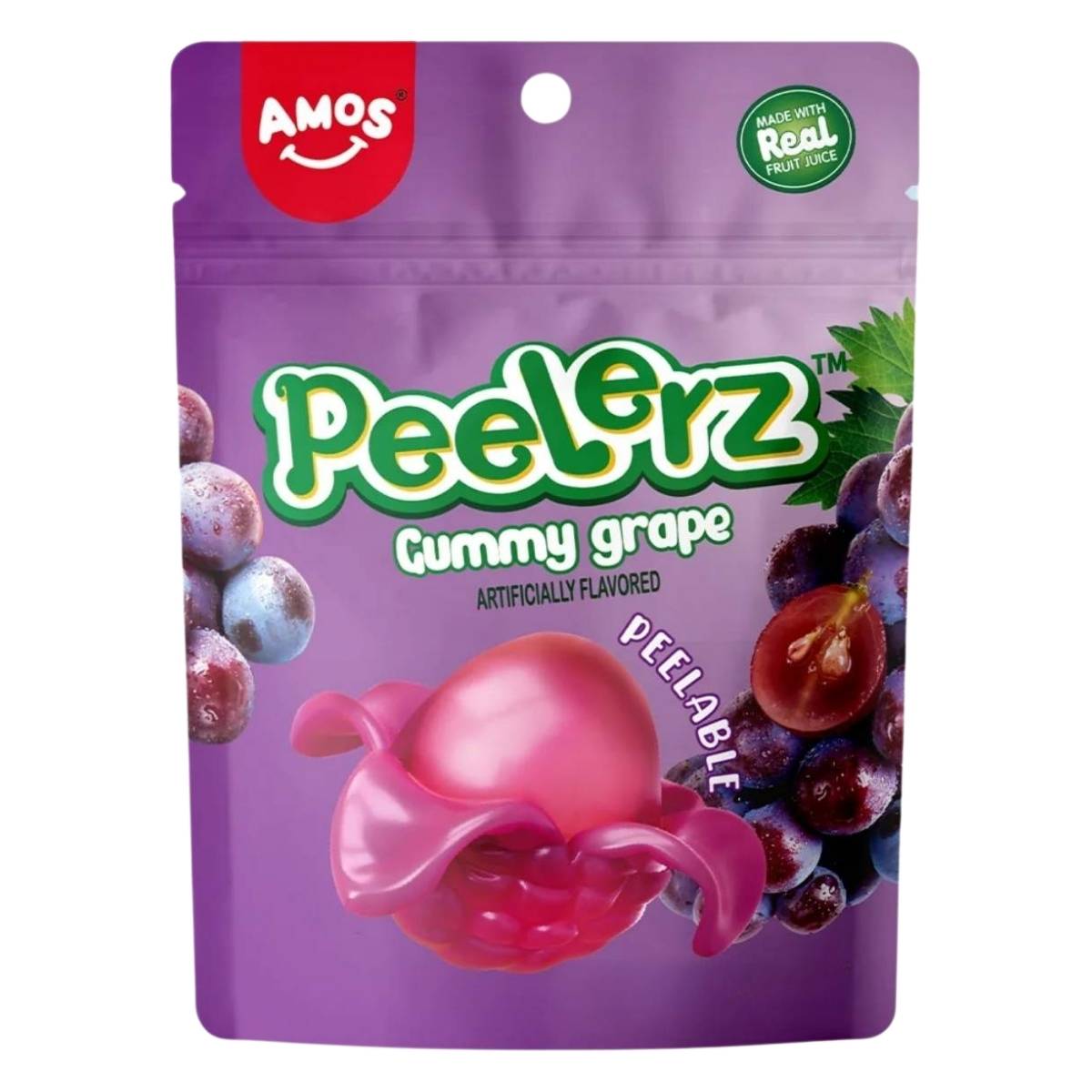 Amos - Peelerz Gummy Grapes - 65g features a purple pack with grapes and a peeled gummy, highlighting “Made with Real Fruit Juice” and “Peelable”—an ideal fruity, fun snack for grape fans.
