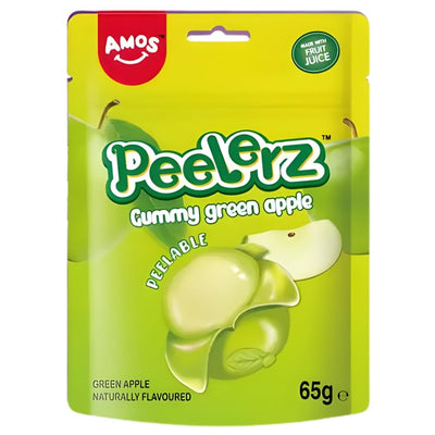 Amos - Peelerz Gummy Green Apple (65g) features peelable chewy green apple gummies in a bright pouch with green apple images—perfect for jelly sweet lovers!.