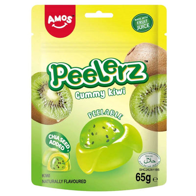 A 65g bag of Amos - Peelerz Gummy Kiwi Sweets (Halal) by Amos, featuring kiwifruit images, product branding, and labels for chia seed gummies and made with fruit juice.