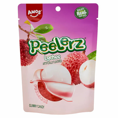 Amos - Peelerz Gummy Lychee - 65g offers delicious lychee flavored gummies made with real fruit juice and artificial flavor. The package features lychee fruit images, perfect for fans of fruity jelly sweets.